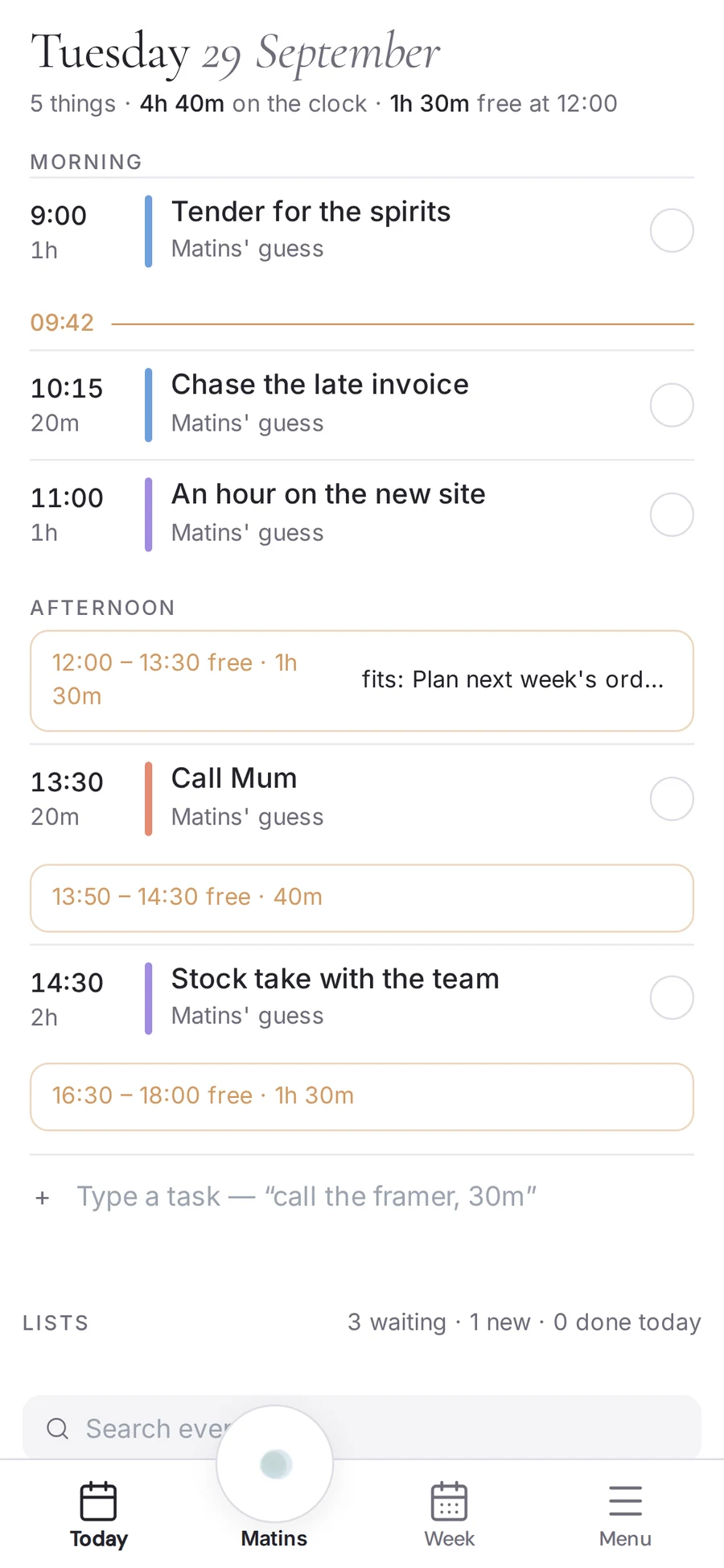 Matins on a phone: today, with morning and afternoon
